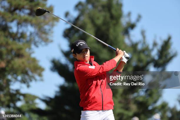 Haru Nomura of Japan plays her tee shot on the 9th hole during round three of the Meijer LPGA Classic at Blythefield Country Club on June 18, 2022 in...