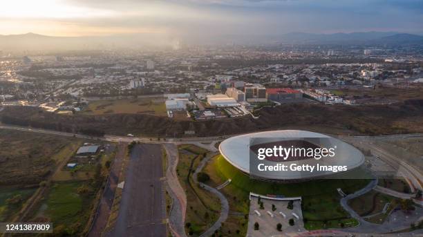 Aerial view of Akron Stadium on June 18, 2022 in Zapopan, Mexico. Mexico will host the 2026 FIFA World Cup sharing the organization with Canada and...