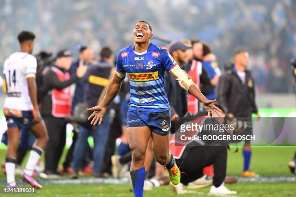 Stormers' Damian Willemse celebrates winning the United Rugby Championship final match between South African teams the Stormers from Cape Town and...