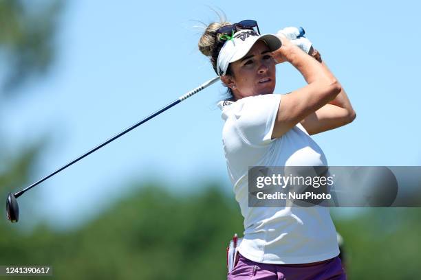 Gerina Mendoza of the USA tees off on the second tee during the third round of the Meijer LPGA Classic for Simply Give golf tournament at Blythefield...