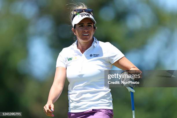 Gerina Mendoza of the USA tees off on the second tee during the third round of the Meijer LPGA Classic for Simply Give golf tournament at Blythefield...