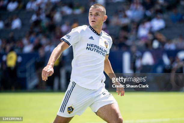 Dejan Jovelji of Los Angeles Galaxy looks on during the match against Portland Timbers at the Dignity Health Sports Park on June 18, 2022 in Carson,...