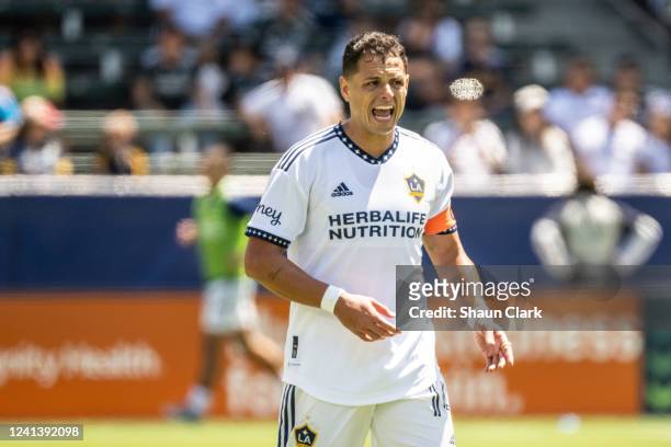 Javier Hernández of Los Angeles Galaxy gestures during the match against Portland Timbers at the Dignity Health Sports Park on June 18, 2022 in...