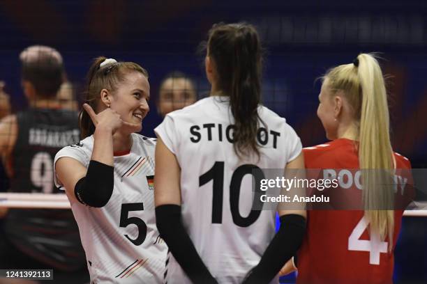 Corina Glaab of Germany celebrates after scoring a point during a match between Germany and Turkiye in the Women's Volleyball Nations League 2022 at...
