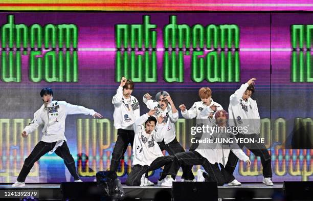 In this picture taken on June 18 South Korean K-Pop group NCT Dream perform during the 2022 Dream Concert at Jamsil stadium in Seoul.