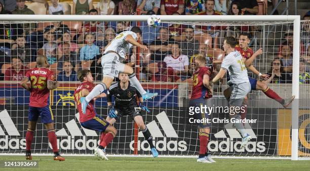 Tanner Beason of the San Jose Earthquakes heads shot from corner kick at Zac MacMath of Real Salt Lake during the second half of their game June 18,...