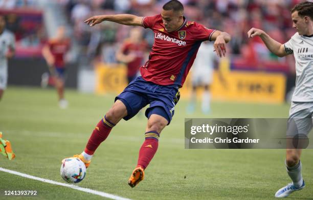 Bobby Wood of Real Salt Lake tries to keep the ball in bounds agaisnt the San Jose Earthquakes during the first half of their game June 18, 2022 at...