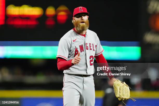 Archie Bradley of the Los Angeles Angels looks on during the game between the Los Angeles Angels and the Seattle Mariners at T-Mobile Park on...