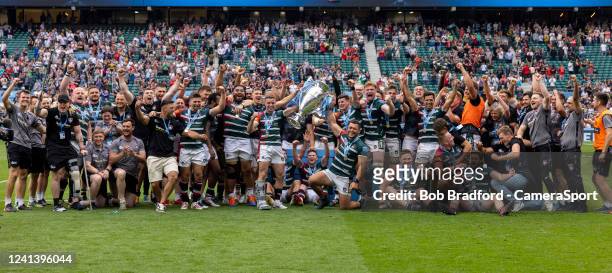 Leicester Tigers lift the trophy during the Gallagher Premiership Rugby Final match between Leicester Tigers and Saracens at Twickenham Stadium on...