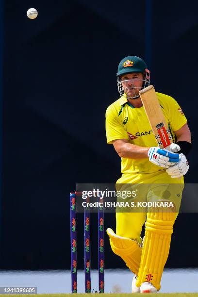 Australia's captain Aaron Finch plays a shot during the third one-day international cricket match between Sri Lanka and Australia at the R. Premadasa...