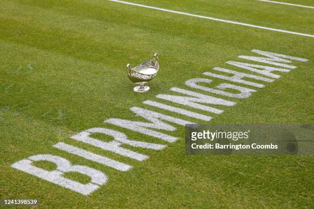 The Rothesay Classic singles trophy is pictured on the ground at Edgbaston Priory Club on June 19, 2022 in Birmingham, England.