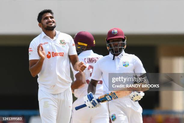 Syed Khaled Ahmed , of Bangladesh, expresses disappointment as Jermaine Blackwood , of West Indies, runs during the fourth day of the 1st Test...