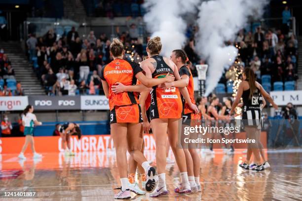 Giants celebrate the win after the Suncorp Super Netball Semi Final match between the Giants Netball and Collingwood Magpies on June 19, 2022 at Ken...