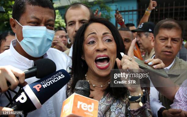 Colombian independent presidential candidate Rodolfo Hernandez's running mate Marelen Castillo speaks to the press outside a polling station during...