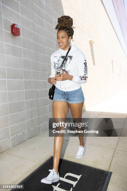 Tianna Hawkins of the Washington Mystics arrives to the arena prior to the game against the Connecticut Sun on June 19, 2022 at Entertainment &...