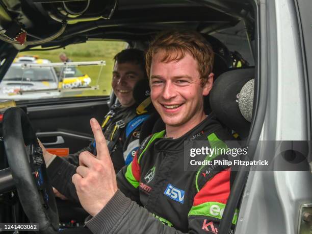 Donegal , Ireland - 19 June 2022; Josh Moffett and Andy Hayes in their Hyundai i20 R5 after winning the Joule Donegal International Rally at...