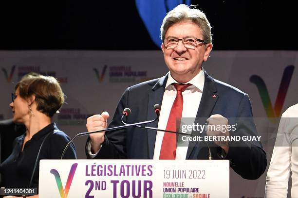 Leader of left-wing coalition NUPES Jean-Luc Melenchon delivers a speech after the first results of the parliamentary elections in Paris, on June 19,...