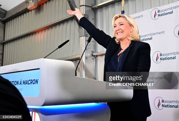 French far-right party Rassemblement National leader Marine Le Pen delivers a speech after the first results of the parliamentary elections in...