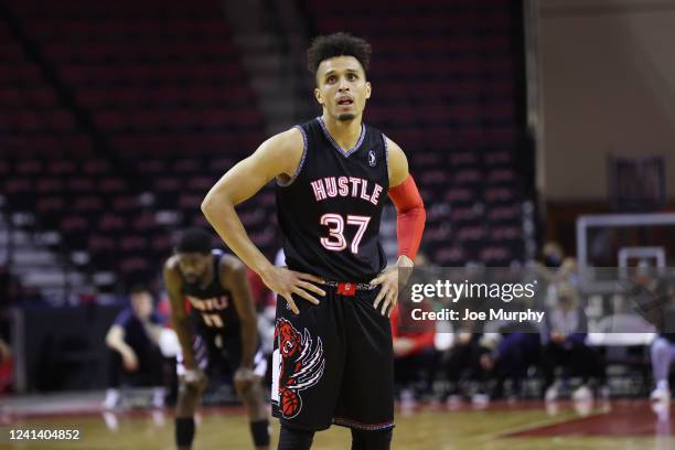 Reggie Hearn of the Memphis Hustle looks on during the game against the Sioux Falls Skyforce on February 26, 2022 at Landers Center in Southaven,...