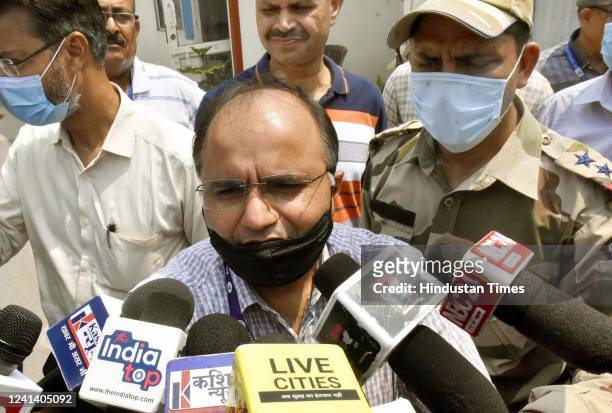 Airport director Anchal Prakash speaks with the media outside Jayprakash Narayan Airport following the Delhi-bound SpiceJet airplanes emergency...