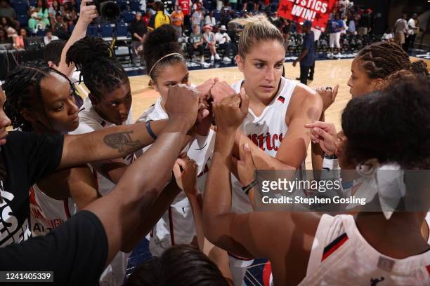 Elena Delle Donne of the Washington Mystics talks with the team during the game against the Connecticut Sun on June 19, 2022 at Entertainment &...