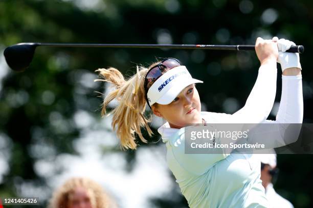 Golfer Brooke Henderson hits her tee shot on the first hole on June 19, 2022 during the Meijer LPGA Classic For Simply Give at the Blythefield...
