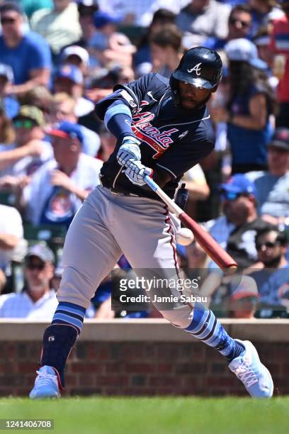 Michael Harris II of the Atlanta Braves hits a home run in the fifth inning against the Chicago Cubs at Wrigley Field on June 19, 2022 in Chicago,...