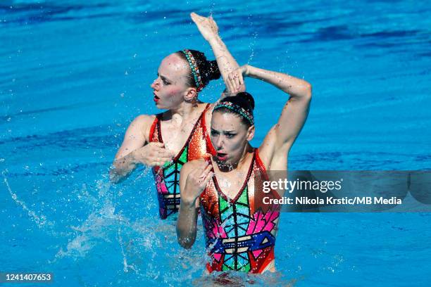 Mariene Bojer and Michelle Zimmer of Germany competes in the Artistic Swimming Women's Duet Technical Final on day three of the Budapest 2022 FINA...