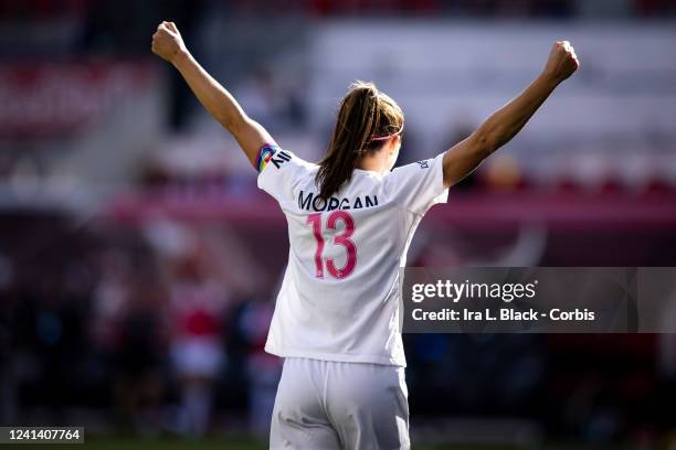 Alex Morgan of San Diego Wave FC throws her arms up to celebrate the goal by Makenzy Doniak of San Diego Wave FC in the second half of the Juneteenth...