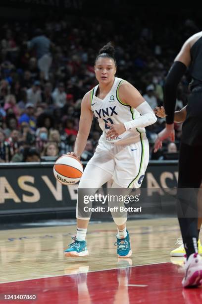 Kayla McBride of the Minnesota Lynx drives to the basket during the game against the Las Vegas Aces on June 19, 2022 at Michelob ULTRA Arena in Las...