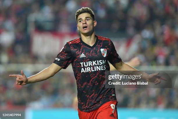 Julián Álvarez of River Plate celebrates after scoring his team's third goal during a match between Union and River Plate as part of Liga Profesional...