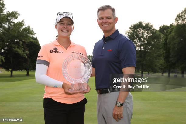 Jennifer Kupcho of The United States poses with the trophy after winning the Meijer LPGA Classic at Blythefield Country Club on June 19, 2022 in...