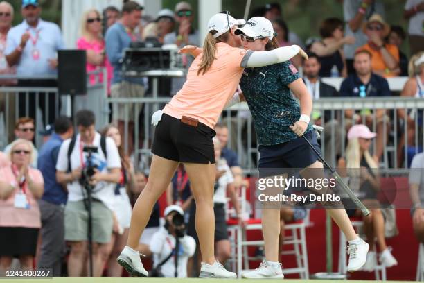 Jennifer Kupcho of The United States hugs Leona Maguire after winning the tournament in a sudden death match during the final round of the Meijer...