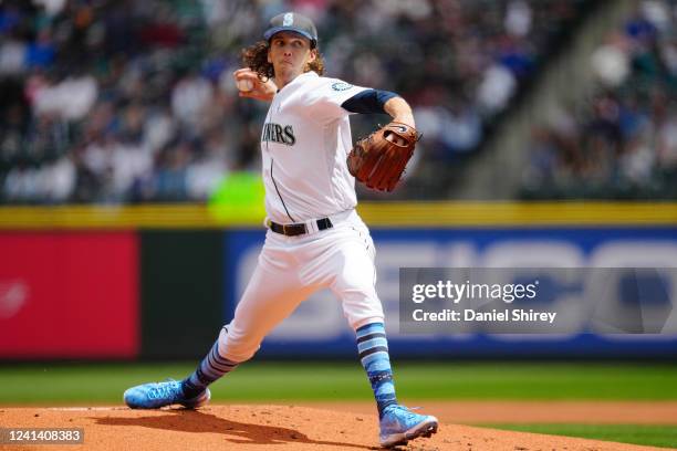 Logan Gilbert of the Seattle Mariners pitches in the first inning during the game between the Los Angeles Angels and the Seattle Mariners at T-Mobile...