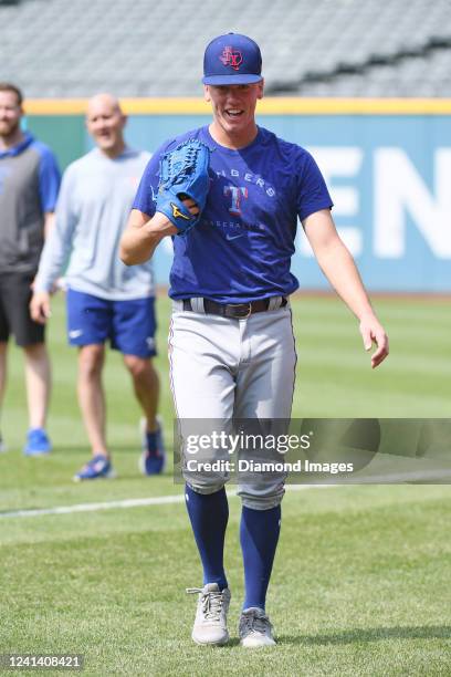 Kolby Allard of the Texas Rangers warms up prior to a game against the Cleveland Guardians at Progressive Field on June 6, 2022 in Cleveland, Ohio....