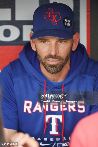 Manager Chris Woodward of the Texas Rangers talks to the media prior to a game against the Cleveland Guardians at Progressive Field on June 6, 2022...