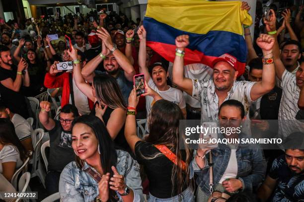 Supporters of Colombian left-wing presidential candidate Gustavo Petro celebrate in Medellin, Colombia, on June 19, 2022 after the presidential...