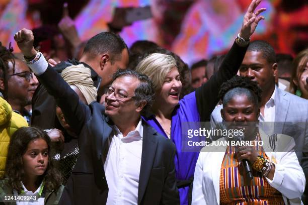 Newly elected Colombian President Gustavo Petro celebrates with his wife Veronica Alcocer and his running mate Francia Marquez at the Movistar Arena...