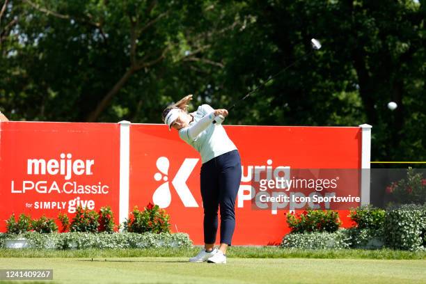 Golfer Brooke Henderson hits her tee shot on the 10th hole during the Meijer LPGA Classic For Simply Give on June 19 at the Blythefield Country Club...