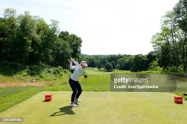 Golfer Brooke Henderson hits her tee shot on the 12th hole during the Meijer LPGA Classic For Simply Give on June 19 at the Blythefield Country Club...