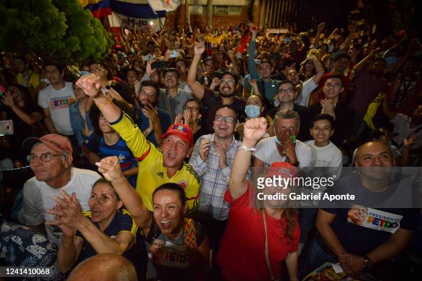 Supporters of newly elected President of Colombia Gustavo Petro of Pacto Historico coalition celebrate after winning the presidential runoff at the...