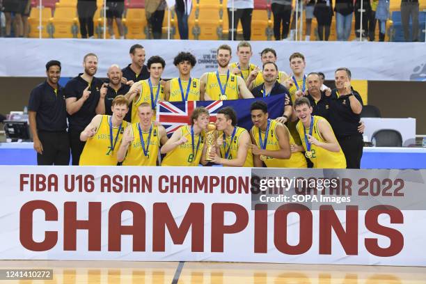 Australia Basketball team seen during the award presentation after the 2022 FIBA U16 Asian Championship match between Japan and Australia at...