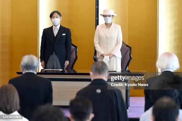 Japanese Emperor Naruhito and Empress Masako attend a Japan Art Academy award ceremony in Tokyo on June 20, 2022.