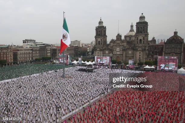 Aerial view of the participants during the massive boxing class in the Mexico City zocalo, where the new Guinness World Record was obtained with a...