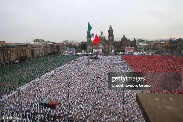 Aerial view of the participants during the massive boxing class in the Mexico City zocalo, where the new Guinness World Record was obtained with a...