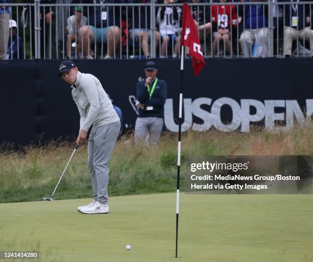: Matt Fitzpatrick putts on the 5th green during the final round of the US Open at The Country Club on Sunday,June 19, 2022 in Brookline, MA.