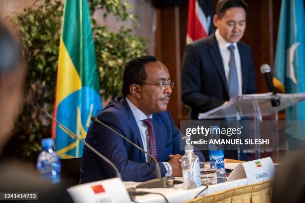 Xue Bing , China Special Envoy to the Horn of Africa speaks as Redwan Hussein, National security advisor to the Prime Minister of Ethiopia loks on...