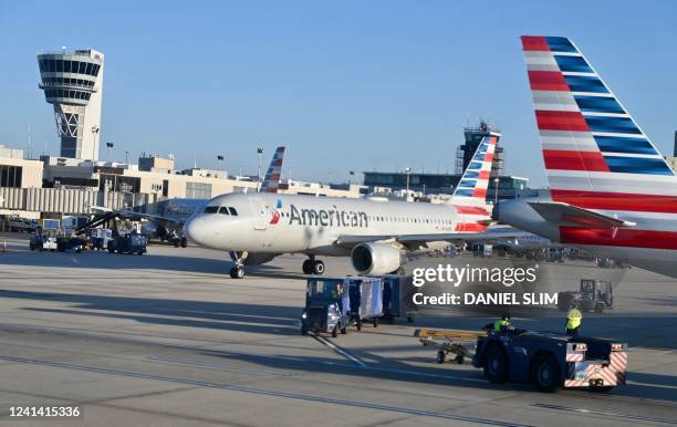 American Airlines planes are seen at Philadelphia International Airport in Philadelphia, Pennsylavania on June 20, 2022.