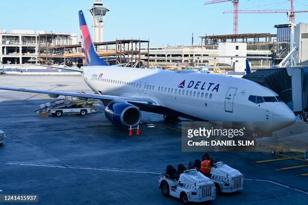 Delta airlines Boeing 737 MAX is seen at Los Angeles International Airport in Los Angeles, California on June 19, 2022.