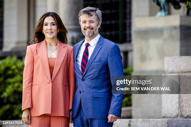 Crown Prince Frederik and Crown Princess Mary of Denmark pose at the Peace Palace during their two-day visit to the Netherlands, in The Hague, on...